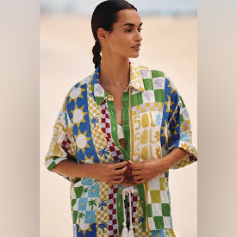 Anthropologie CELANDINE LINEN BLEND SHORT-SLEEVE BUTTONDOWN SHIRT